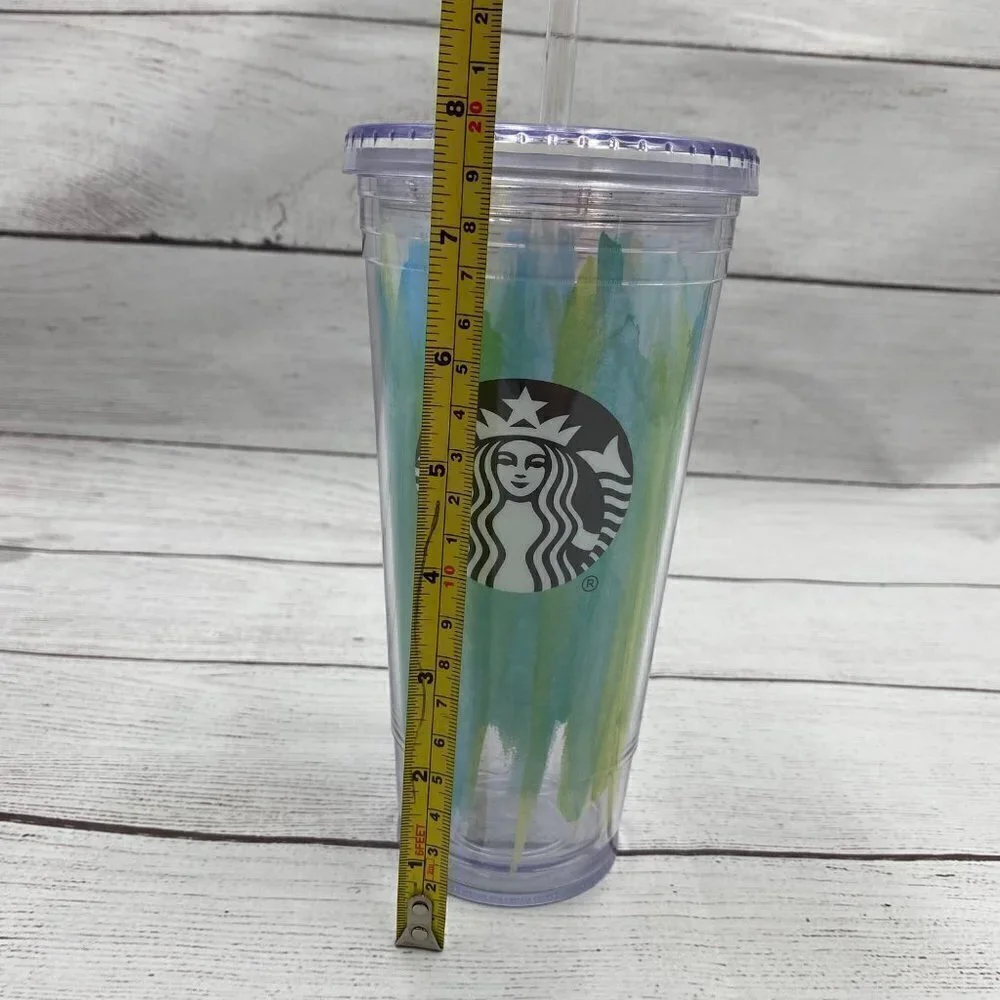 Starbucks 2017 Cold Cup 20oz Tumbler Mint Green Blues Brush Strokes w/Straw